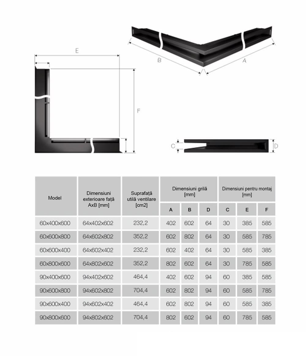 Grila Semineu pe colt LUFT 9x80x40 Alb Negru Grafit