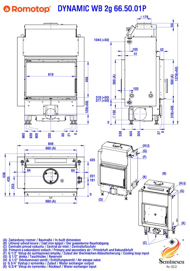 Romotop semineu pe lemne, DYNAMIC D2L01 44×55