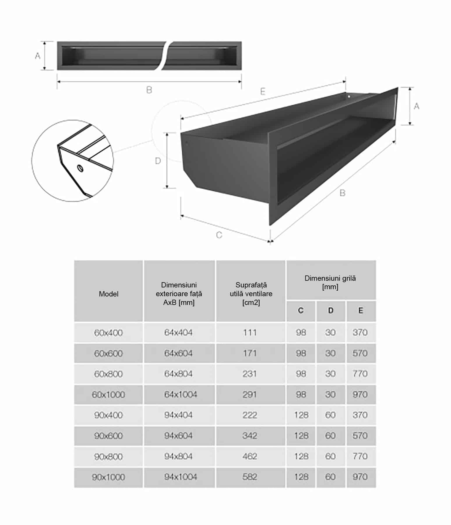 Grila semineu LUFT 9 x 20 Alb Negru